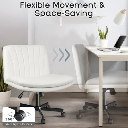 Bossin Criss Cross Chair with Wheels,PU Leather Armless Cross Legged Office chair, Adjustable Wide Seat Task Vanity Chair