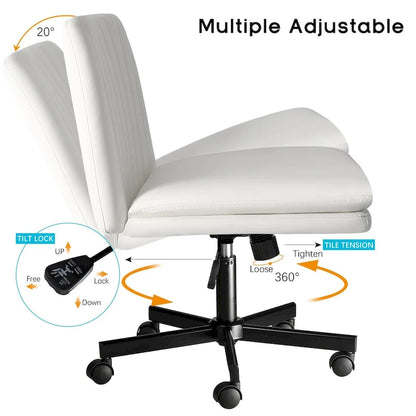 Bossin Criss Cross Chair with Wheels,PU Leather Armless Cross Legged Office chair, Adjustable Wide Seat Task Vanity Chair