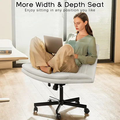 Bossin Criss Cross Chair with Wheels,PU Leather Armless Cross Legged Office chair, Adjustable Wide Seat Task Vanity Chair