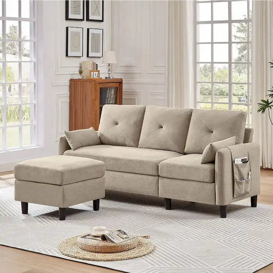 77.36 L Shaped Sectional Sofa with Side Storage Pocket and Reversible Ottoman