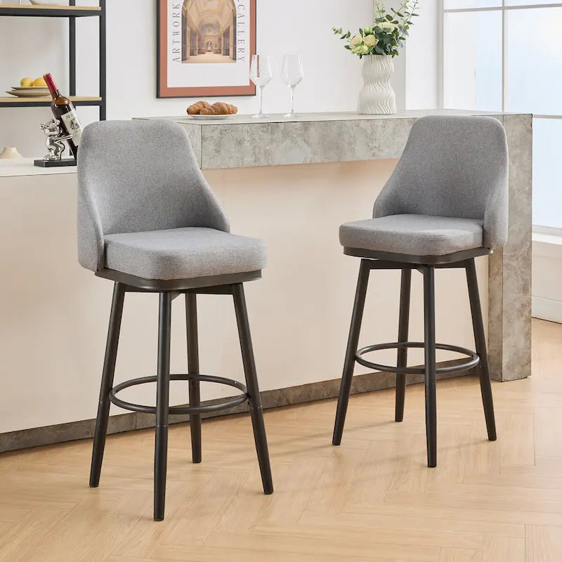 Bar Stools Set of 2 Chenille Adjustable Counter Height Swivel Bar Stools with Back Metal Leg,24 to 29 Inch,Light Gray