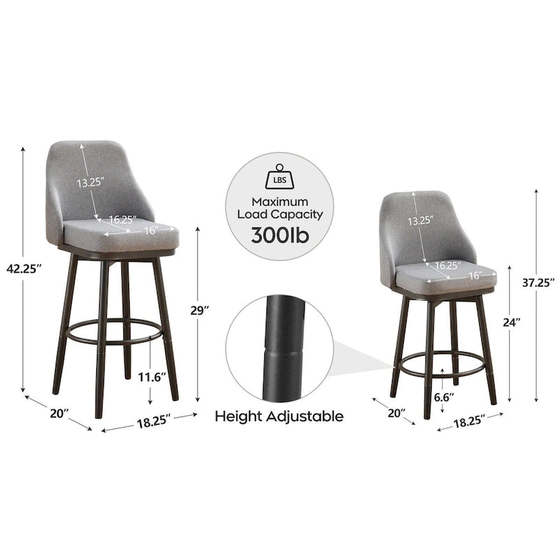 Bar Stools Set of 2 Chenille Adjustable Counter Height Swivel Bar Stools with Back Metal Leg,24 to 29 Inch,Light Gray