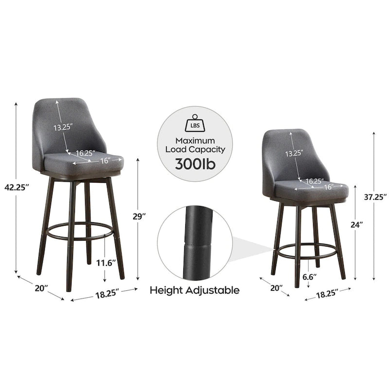 Bar Stools Set of 2 Chenille Adjustable Counter Height Swivel Bar Stools with Back Metal Leg,24 to 29 Inch,Light Gray