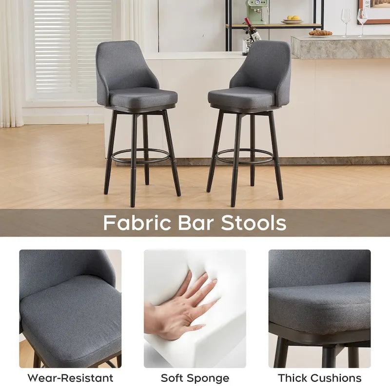 Bar Stools Set of 2 Chenille Adjustable Counter Height Swivel Bar Stools with Back Metal Leg,24 to 29 Inch,Light Gray