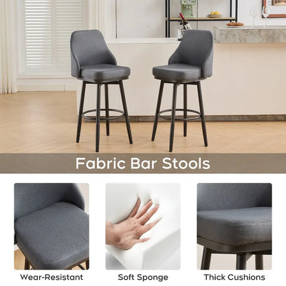 Bar Stools Set of 2 Chenille Adjustable Counter Height Swivel Bar Stools with Back Metal Leg,24 to 29 Inch,Light Gray