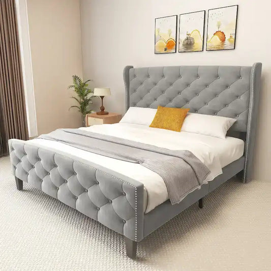 Moasis King Velvet Tufted Upholstered Wingback Platform Bed Frame with Headboard and Footboard