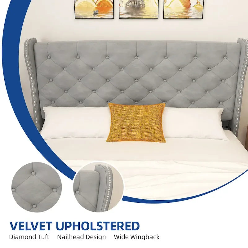 Moasis King Velvet Tufted Upholstered Wingback Platform Bed Frame with Headboard and Footboard