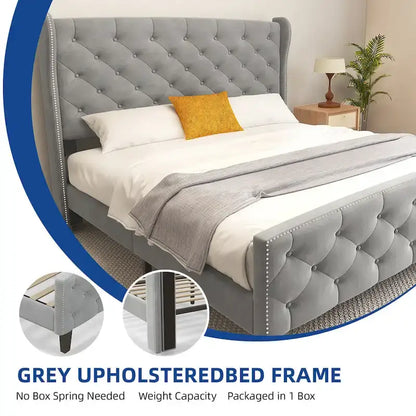 Moasis King Velvet Tufted Upholstered Wingback Platform Bed Frame with Headboard and Footboard