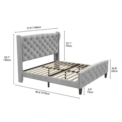 Moasis King Velvet Tufted Upholstered Wingback Platform Bed Frame with Headboard and Footboard