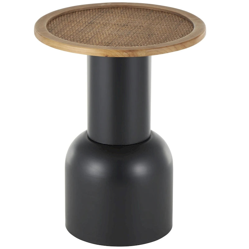 Metal Handmade Pedestal Side End Accent Table with Brown Rattan Tabletop - Black - Roche River Decor