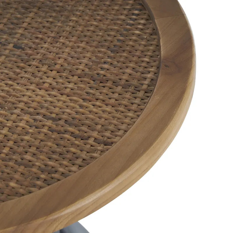 Metal Handmade Pedestal Side End Accent Table with Brown Rattan Tabletop - Black - Roche River Decor