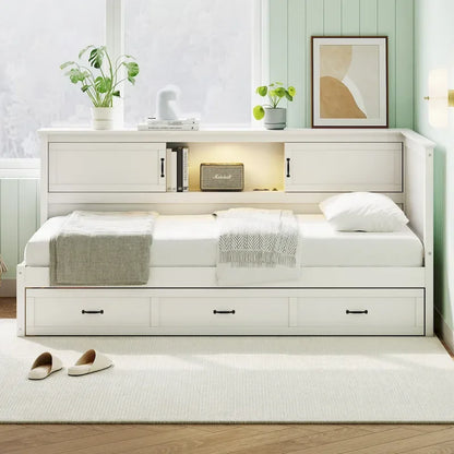 Modern L-Shaped Corner Bed Frame with Drawer, Bookcase, LED Downlight and USB Port