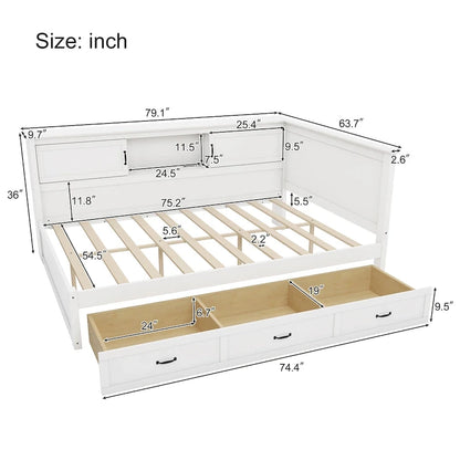 Modern L-Shaped Corner Bed Frame with Drawer, Bookcase, LED Downlight and USB Port