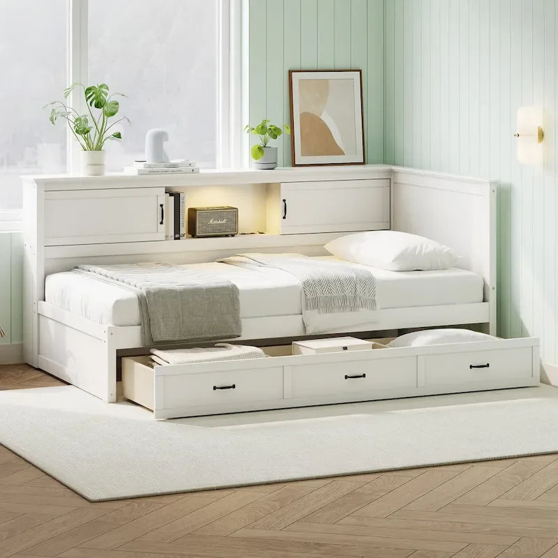 Modern L-Shaped Corner Bed Frame with Drawer, Bookcase, LED Downlight and USB Port