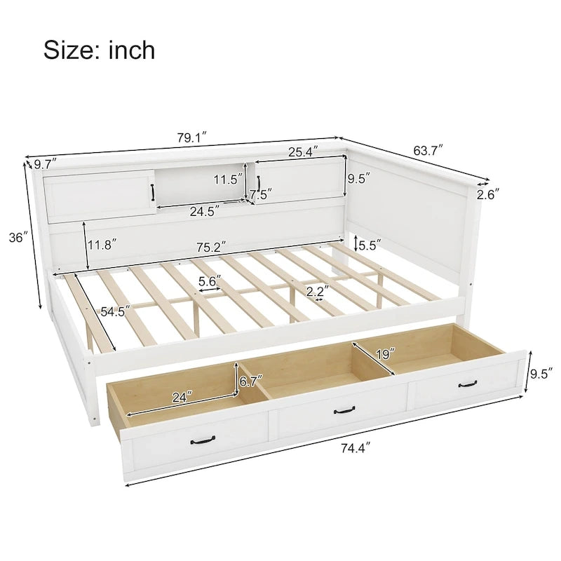 Modern L-Shaped Corner Bed Frame with Drawer, Bookcase, LED Downlight and USB Port