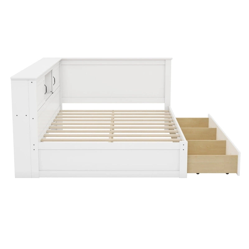 Modern L-Shaped Corner Bed Frame with Drawer, Bookcase, LED Downlight and USB Port