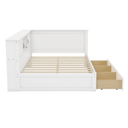 Modern L-Shaped Corner Bed Frame with Drawer, Bookcase, LED Downlight and USB Port