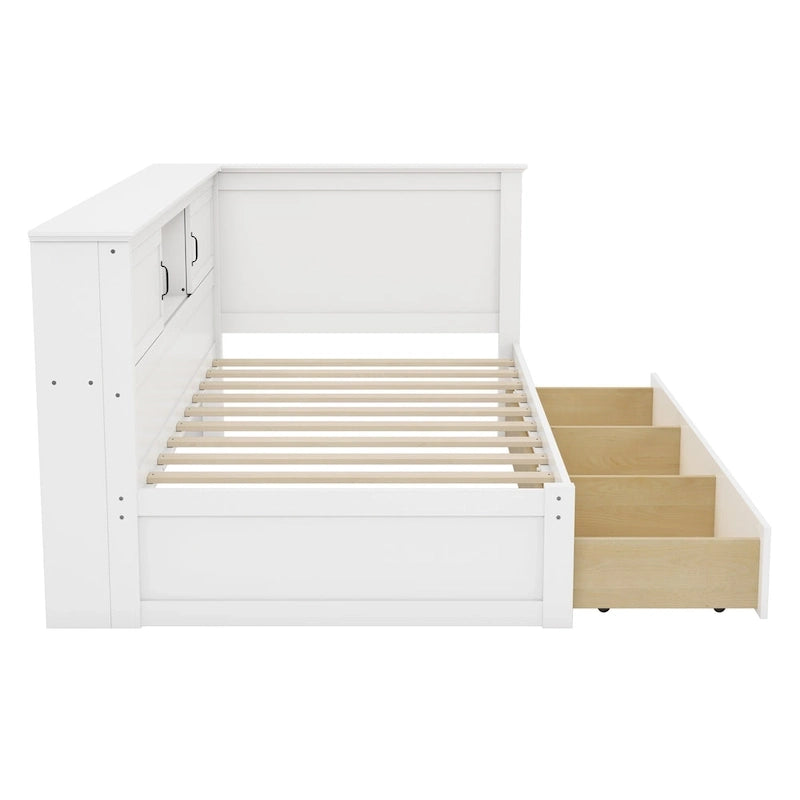 Modern L-Shaped Corner Bed Frame with Drawer, Bookcase, LED Downlight and USB Port