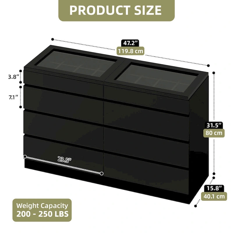 Moasis 4/8 Drawer Dresser Chest of Drawers Tempered Glass Top With LED