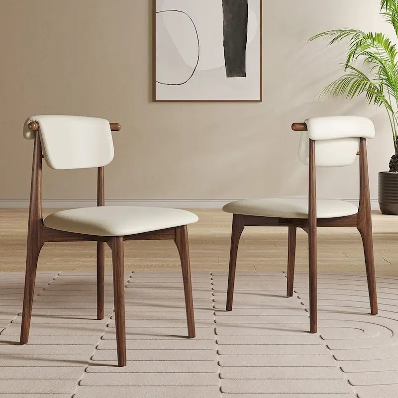 Modern Faux Leather Dining chair, Beige, Solid Wood legs, 2 Pieces