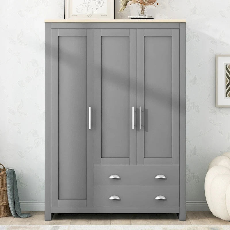 3 Door Storage Wardrobe with Cabinets and 2 Hanging Rods