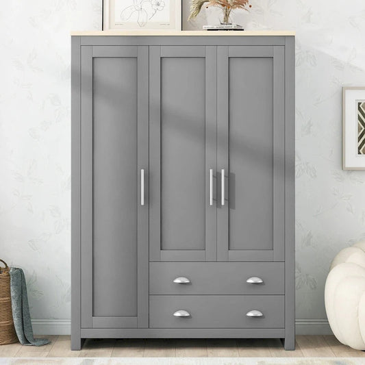 3 Door Storage Wardrobe with Cabinets and 2 Hanging Rods