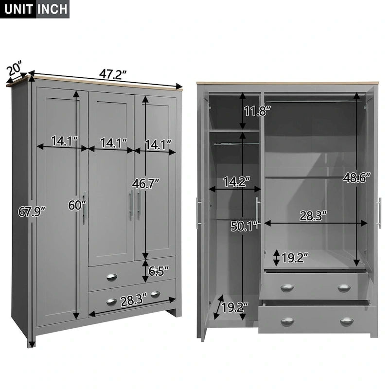 3 Door Storage Wardrobe with Cabinets and 2 Hanging Rods