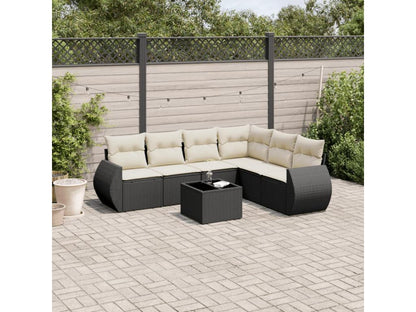 7-piece garden furniture set with cushions, black woven resin