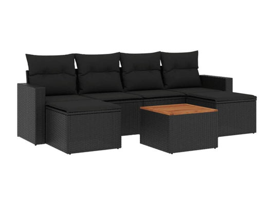 7-piece garden furniture set with cushions, black woven resin