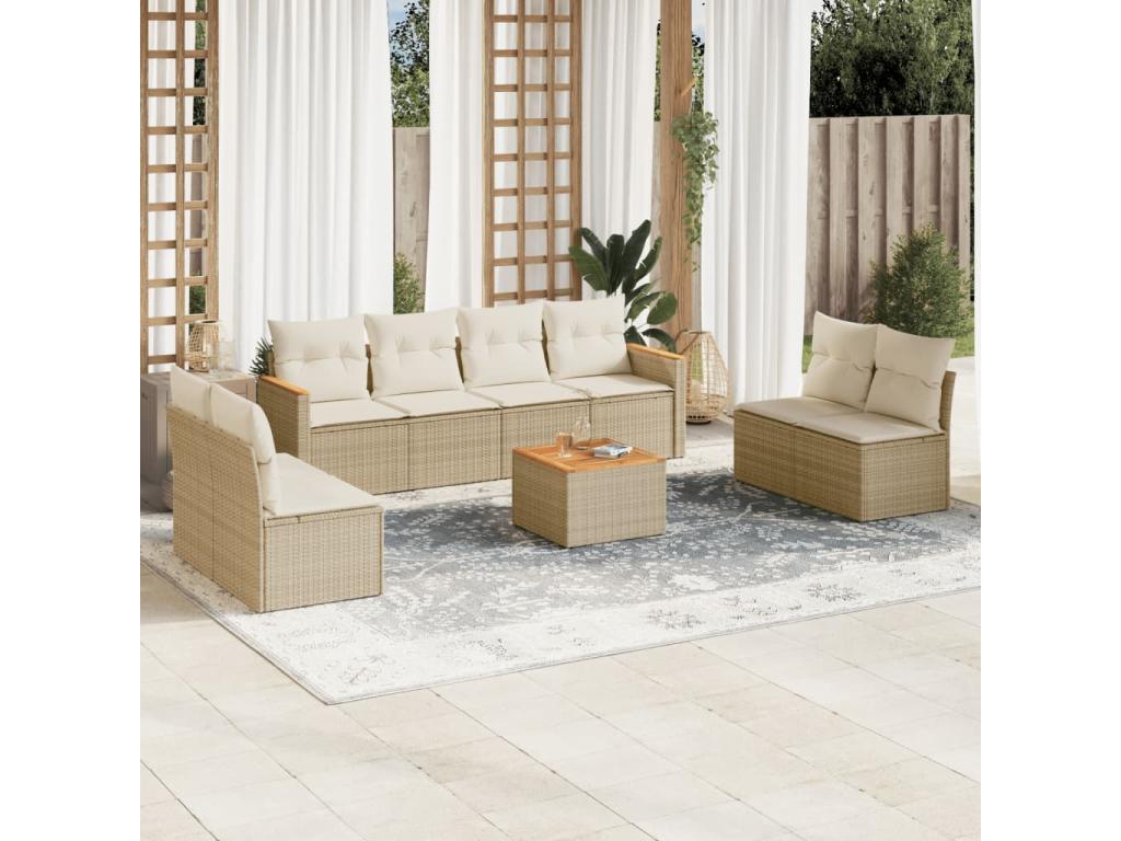 9-piece garden furniture set with cushions, beige woven resin