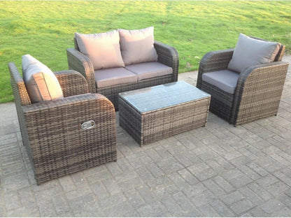 7-seater rattan garden furniture set with love sofa, stools, and coffee table. MéNobellea dark grey