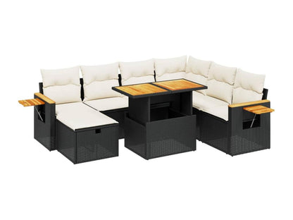 8-piece garden furniture set with cushions, black woven resin