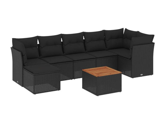 8-piece garden furniture set with cushions, black woven resin