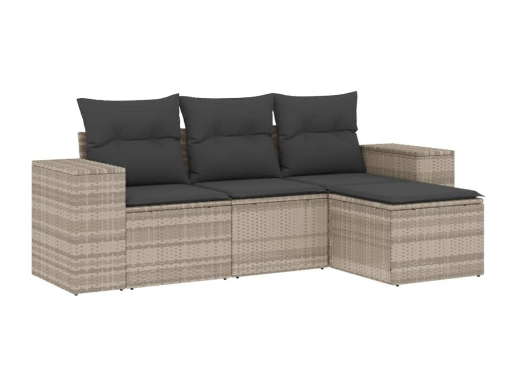 4-piece garden furniture set with light grey cushions, woven resin