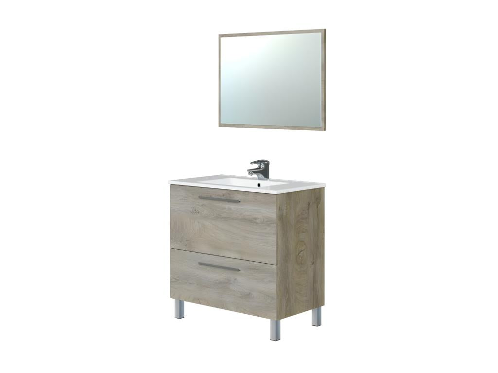 Vanity unit with 2 drawers, 80 cm wide, with sink and mirror, oak finish -