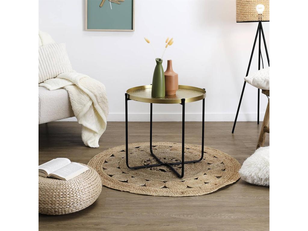 Side table, 50cm diameter, hammered gold metal top, black metal legs
