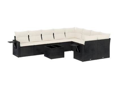 10-piece garden furniture set with cushions, black woven resin
