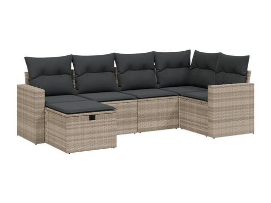 6-piece garden furniture set with light grey cushions, woven resin
