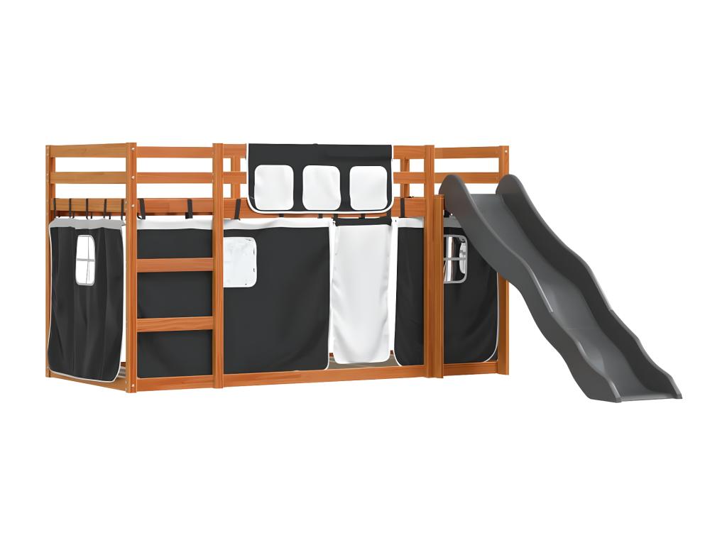 Bunk bed with slide and curtains, white and black, 80x200 cm