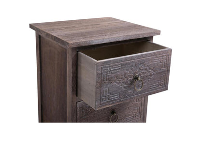 Bedside table/nightstand with 2 drawers in brown-grey paulownia wood, vintage ethnic bohemian style with engravings