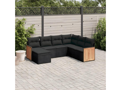 7-piece garden furniture set with cushions, black woven resin