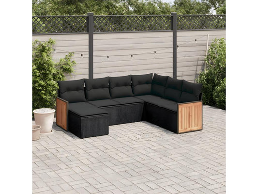 7-piece garden furniture set with cushions, black woven resin