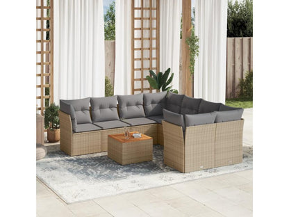 9-piece garden furniture set with cushions, beige woven resin