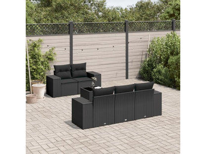 6-piece garden furniture set with cushions, black woven resin