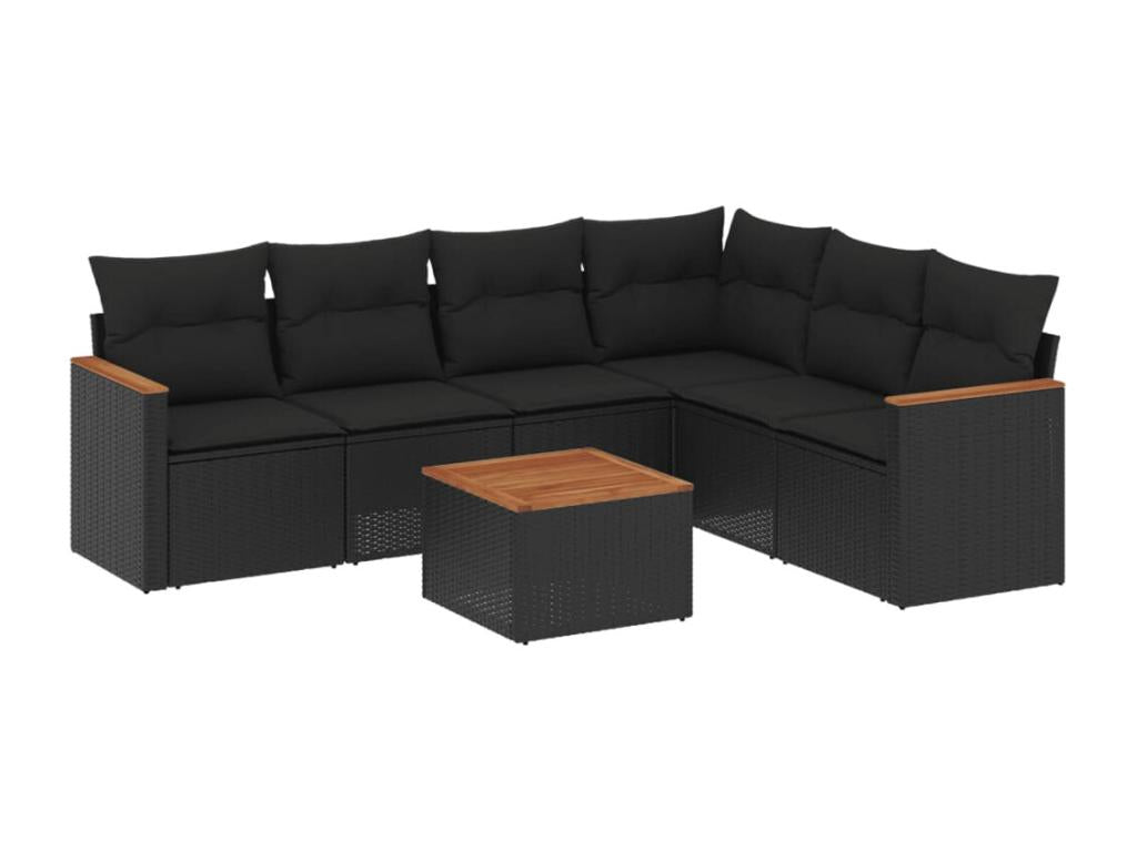 7-piece garden furniture set with cushions, black woven resin