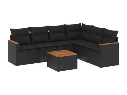 7-piece garden furniture set with cushions, black woven resin