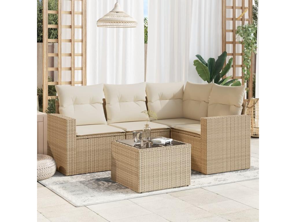 5-piece garden furniture set with cushions, beige woven resin