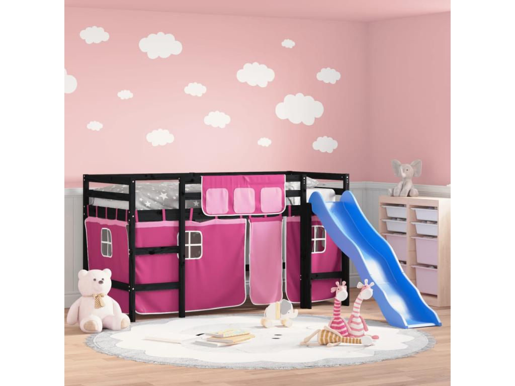 Children's loft bed and pink curtains, 90x200cm, solid pine wood