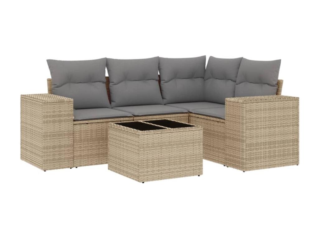 5-piece garden furniture set with cushions, beige woven resin