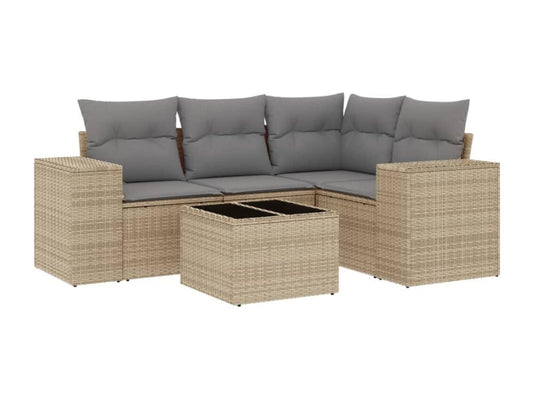 5-piece garden furniture set with cushions, beige woven resin